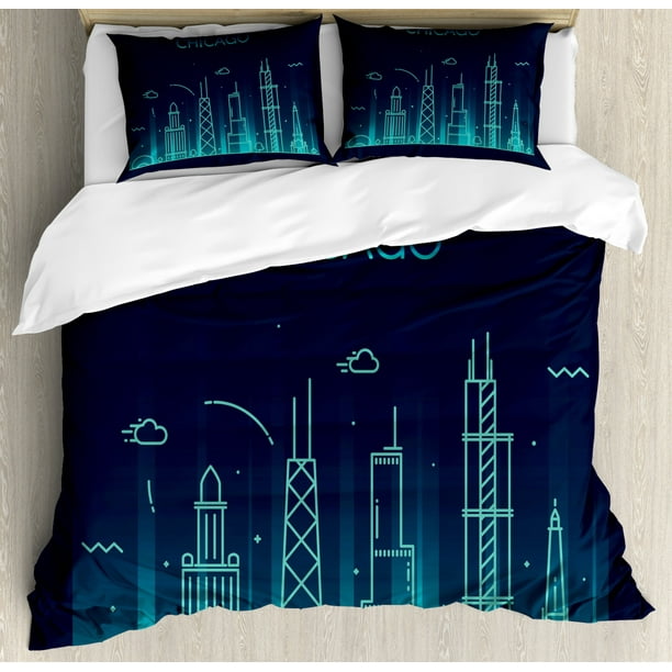 Chicago Skyline King Size Duvet Cover Set Blue American Town