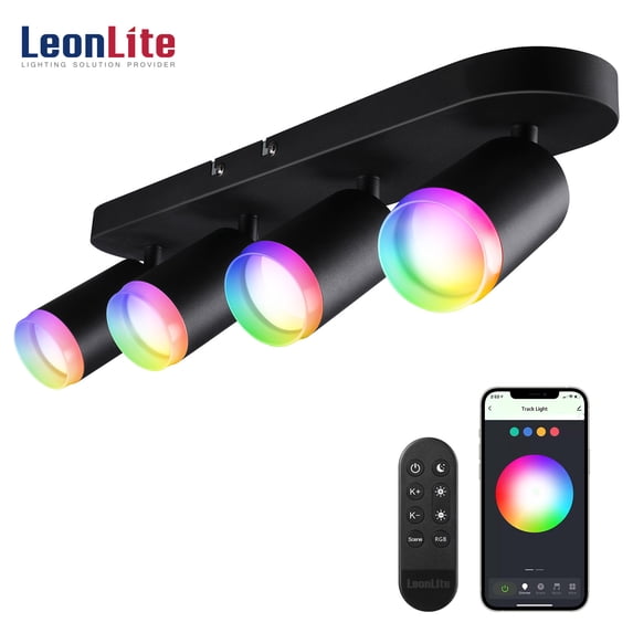 LEONLITE Smart LED Track Lighting, WiFi RGBCW Track Lighting Fixtures, 4 Head Ceiling Spot Light, Compatible with Alexa/Google Home/Siri, 16 Million Colors with Remote, 2400-5000K Dimmable, 30W, Black