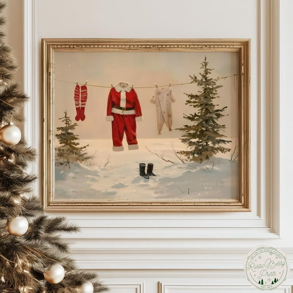 Santa’S Laundry Day Poster, Whimsical Festive Wall Art, Playful Winter Print Warm Present Vintage UNFRAMED Poster Size 8x12