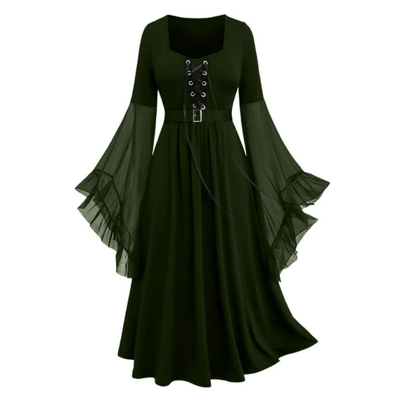Medieval Renaissance Dress for Women, Bell Sleeve Gothic Lace Up Maxi Gown, Witch Cosplay Vintage Halloween Dress