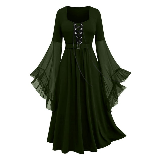 Amzcrzy Robes pour Femmes Couleur Unie Robes Maxi à Cordon Vintage Tunique à Manches Longues Robe Médiévale pour Femmes m