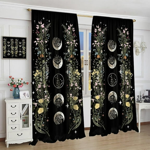 Moon Floral Blackout Curtains, Bohemian Spring Vines Natural Garden Aesthetic Landscape Curtains Living Room Bedroom Window Treatments 42"W x 63"L (Pack of 2)