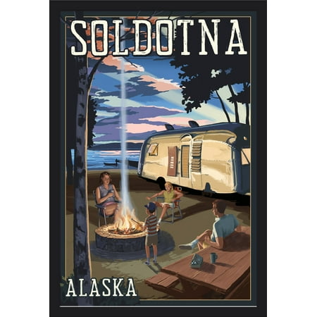 Soldotna, Alaska - Retro Camper & Lake - Lantern Press Artwork (24x36 Giclee Art Print, Gallery Framed, Black Wood)