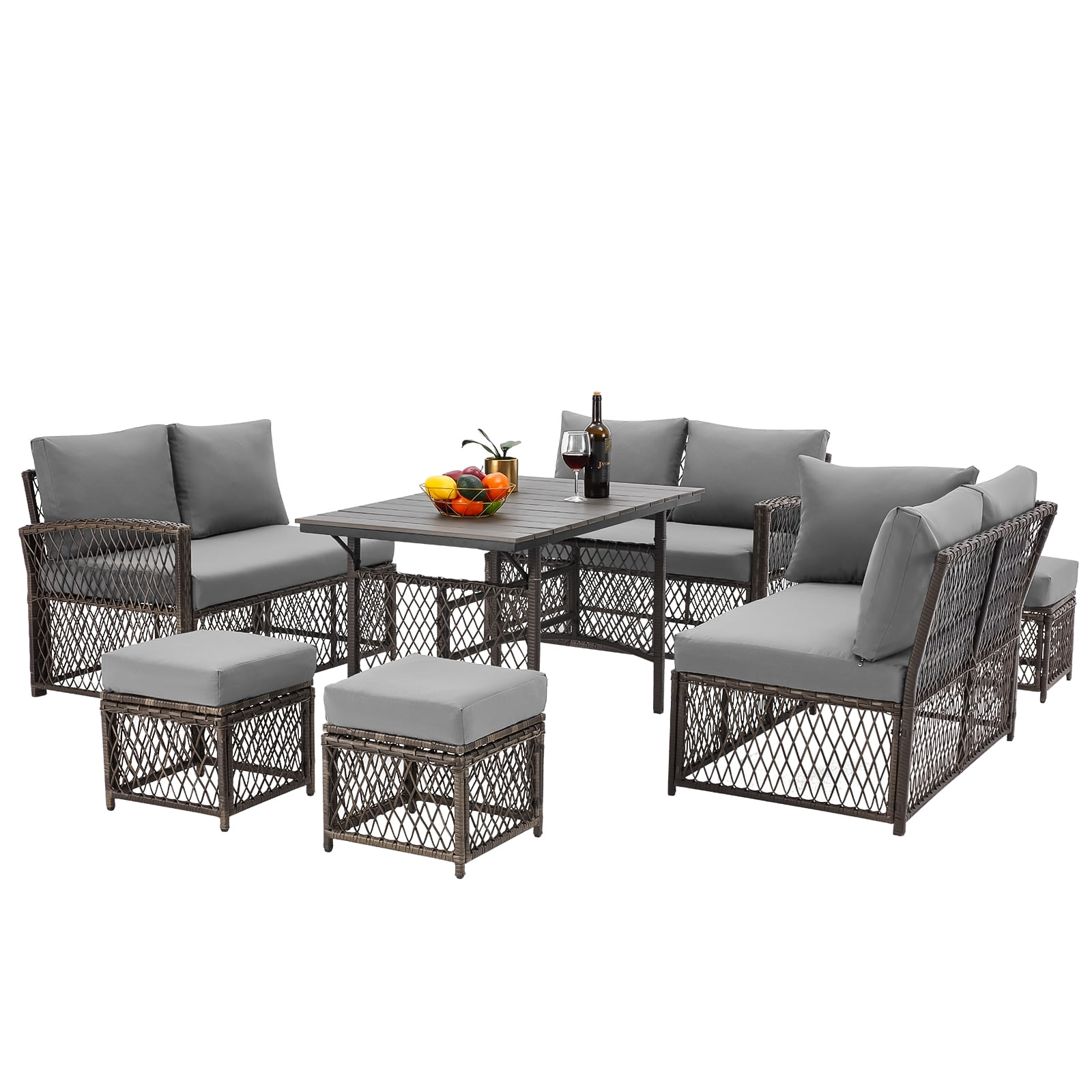 AECOJOY Outdoor Furniture Set, 7-Piece Rattan Wicker Sectional Sofa Couch, Patio Conversation Set with Dining Table & Chair in Gray