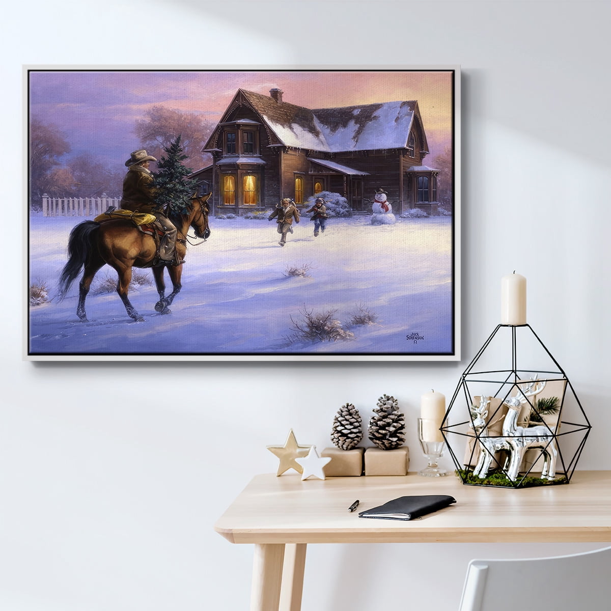The Day Daddy Brought Home the Tree - Framed Gallery Wrapped Holiday Canvas - 25 x 37 - White Frame