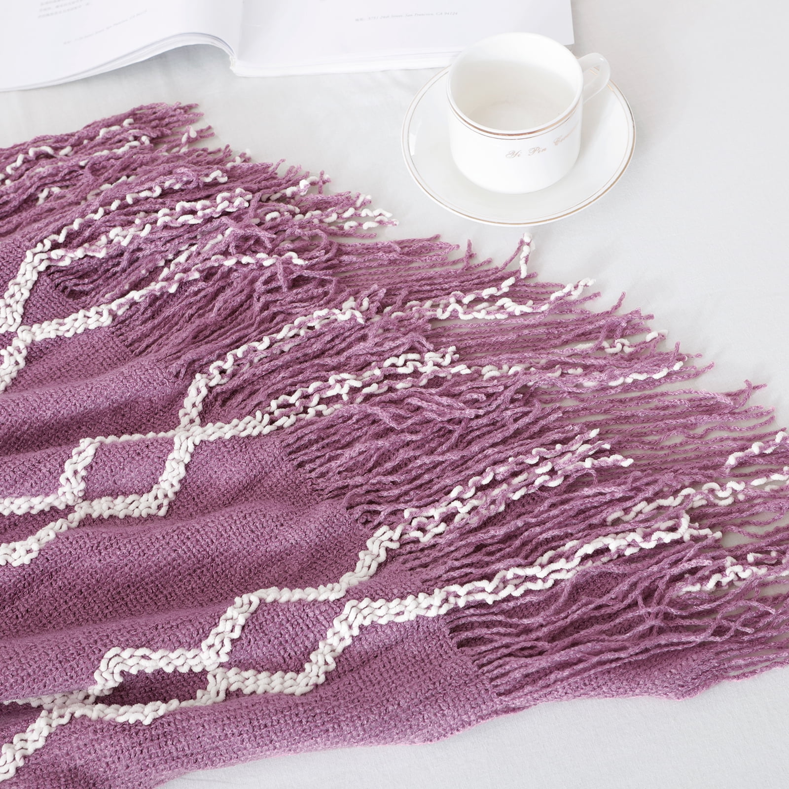 Bourina Fluffy Chenille Knitted Fringe Throw Blanket, Lightweight Soft Cozy Bed Sofa Chair Blanket, Deep Purple, 50" x 60"For Adults