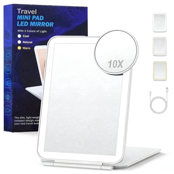 COWIN Folding Lighted Makeup Mirror, with 72 LEDs 3 Colors Light Modes, USB Rechargable 1000mA Batteries, Portable Makeup Mirror,Suitable for Travel