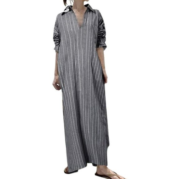 Dpytoraw Loose Fit Striped Collar Long Cardigan Dress Elegant Women's Style Women’s A-Line Wrap Dresses