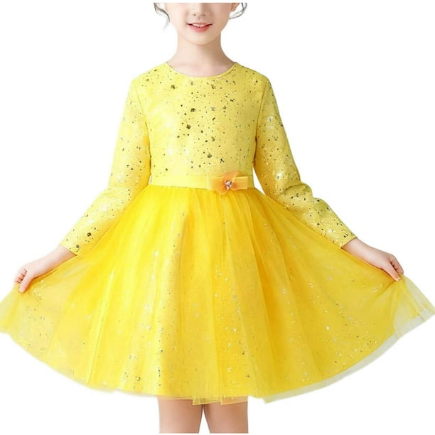 Vestido de cuello redondo y manga larga para niña, falda de gasa de poliéster para actuación de princesa, danza de flores