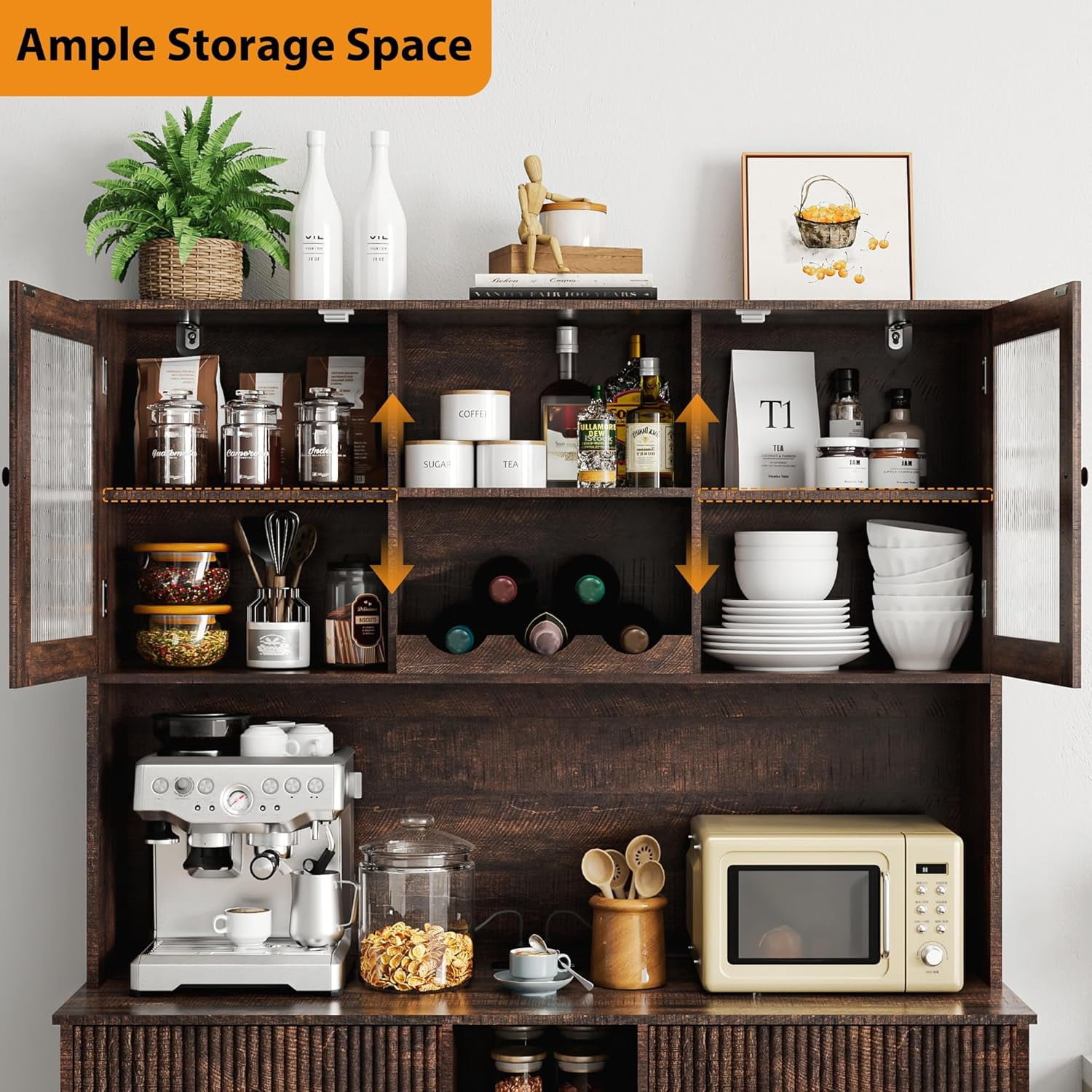 Blotout 47" Wide Kitchen Pantry Storage Cabinet with Charging Station & Microwave Stand, Tall Fluted Kitchen Hutch Cabinet, Double Tilt Out Trash Can Cabinet 10X2 Gallon