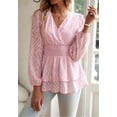 thumbnail image 4 of Surplice Neck Leaf Print Shirred Waist Tiered Peplum Hem Blouse Pink Large, 4 of 7