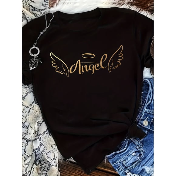 T-Shirt Unisexe d'Été Ample à Imprimé Script Aile d'Ange Wos D23, jusqu'à la Taille 5TG