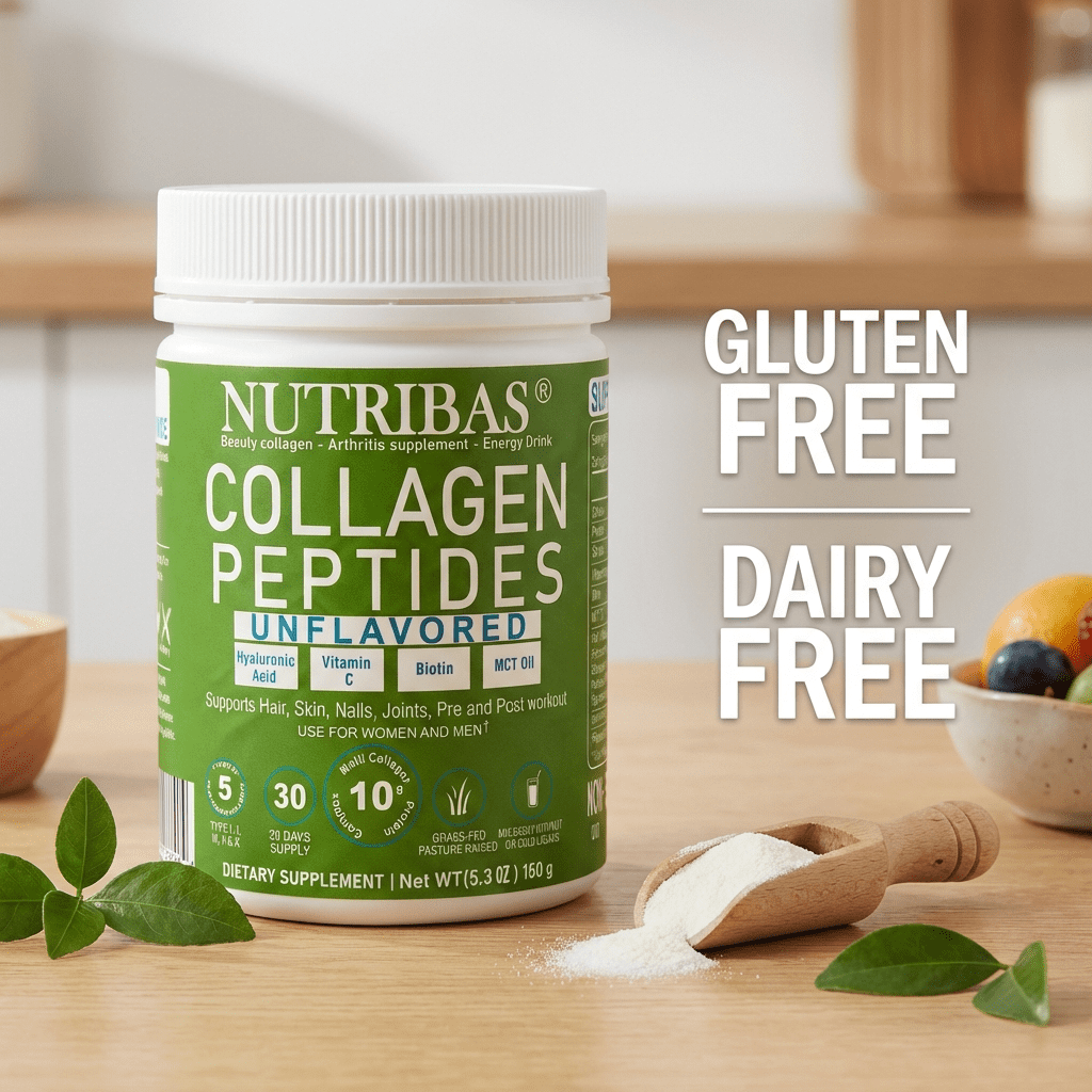 Nutribas Protein Multi Collagen Peptides Powder Whole Body Support Formula With MCT, Vitamin C, Biotin & Hyaluronic Acid , Unflavored, 1 lb