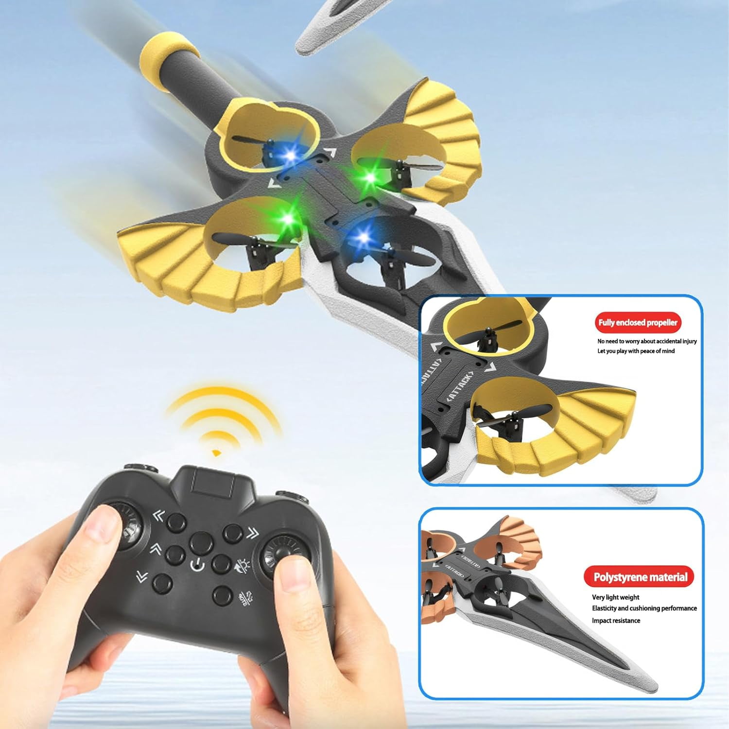 Flying Sword RC Glider with Gesture & Remote Control, 3-Speed Stunt Plane, Lightweight Easy to Fly RC Glider, Dual Control (Black‑Gold with Handle‑Type Remote)