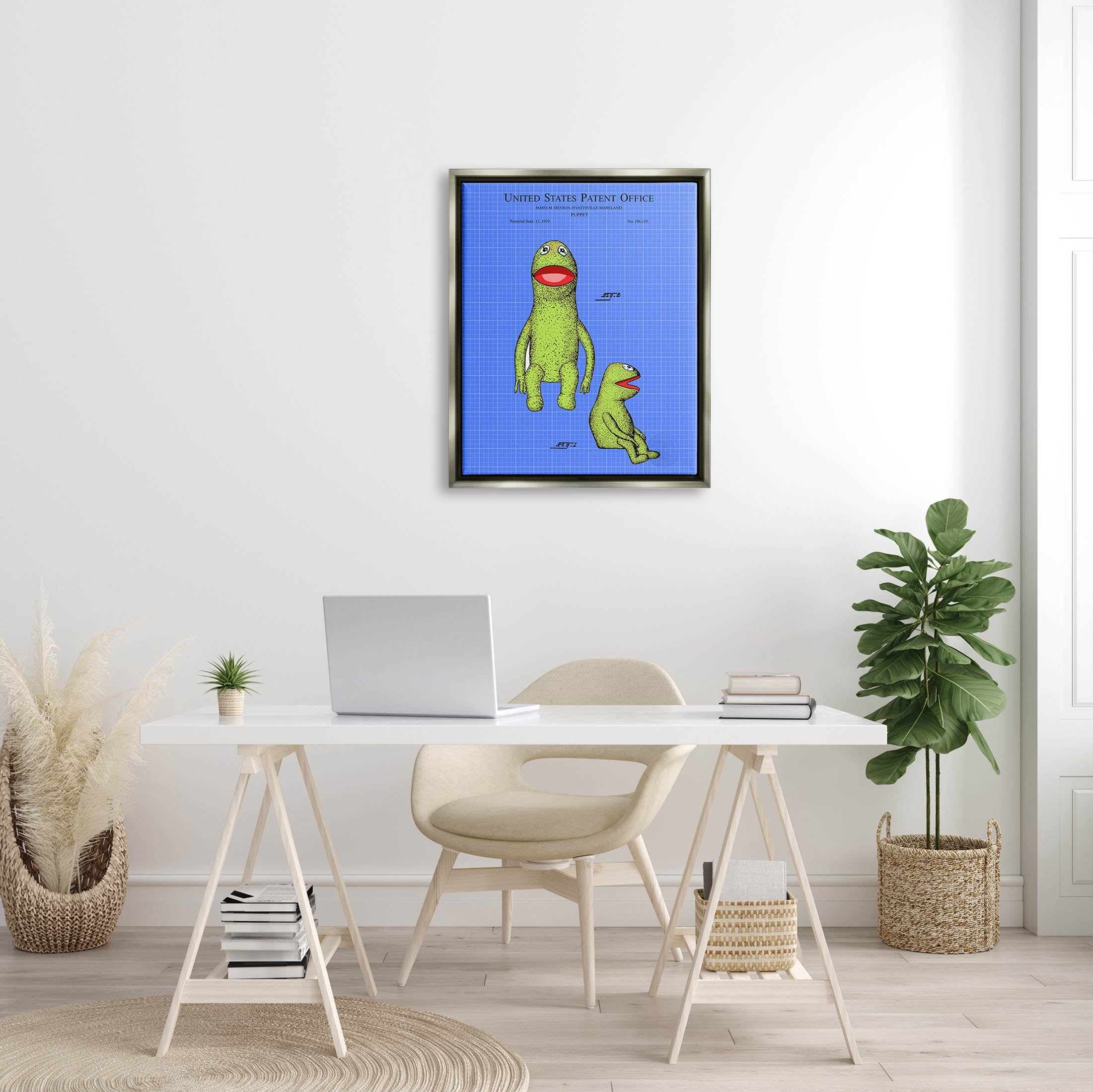 Stupell Industries Frog Puppet Character Blueprint Graphic Art Luster Gray Floating Framed Canvas Print Wall Art, Design by Karl Hronek