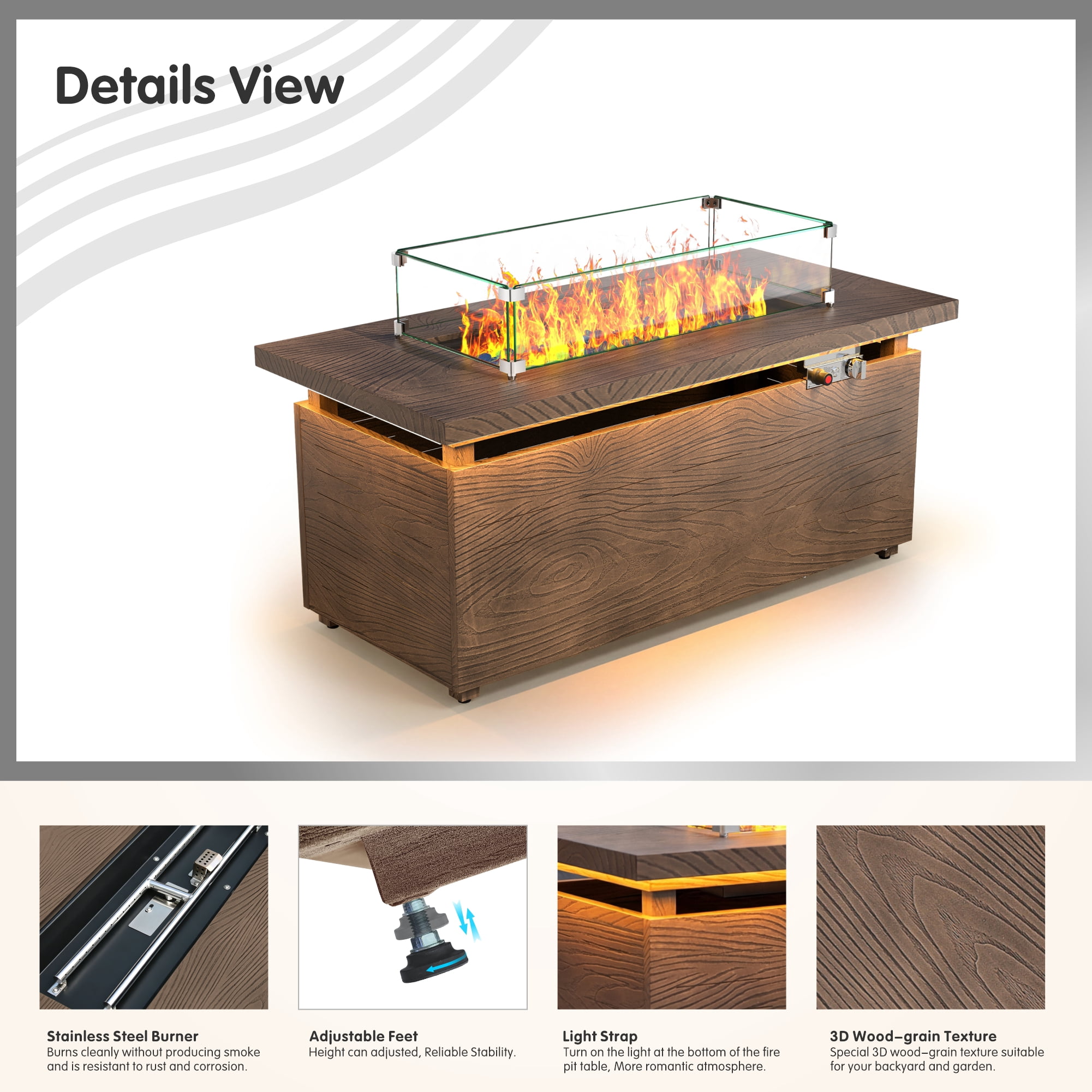 51 in. Propane Rectangular Fire Pit Table with LED Light, 50,000 BTU Coating Steel Tabletop Fire Pit (Brown Wood Grain)