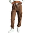 thumbnail image 2 of Naotn Cargo Jogger Sweatpants for Women Casual Athletic Workout Elastic Drawstring Waist Pants with Side Cargo Pockets Brown S, 2 of 7