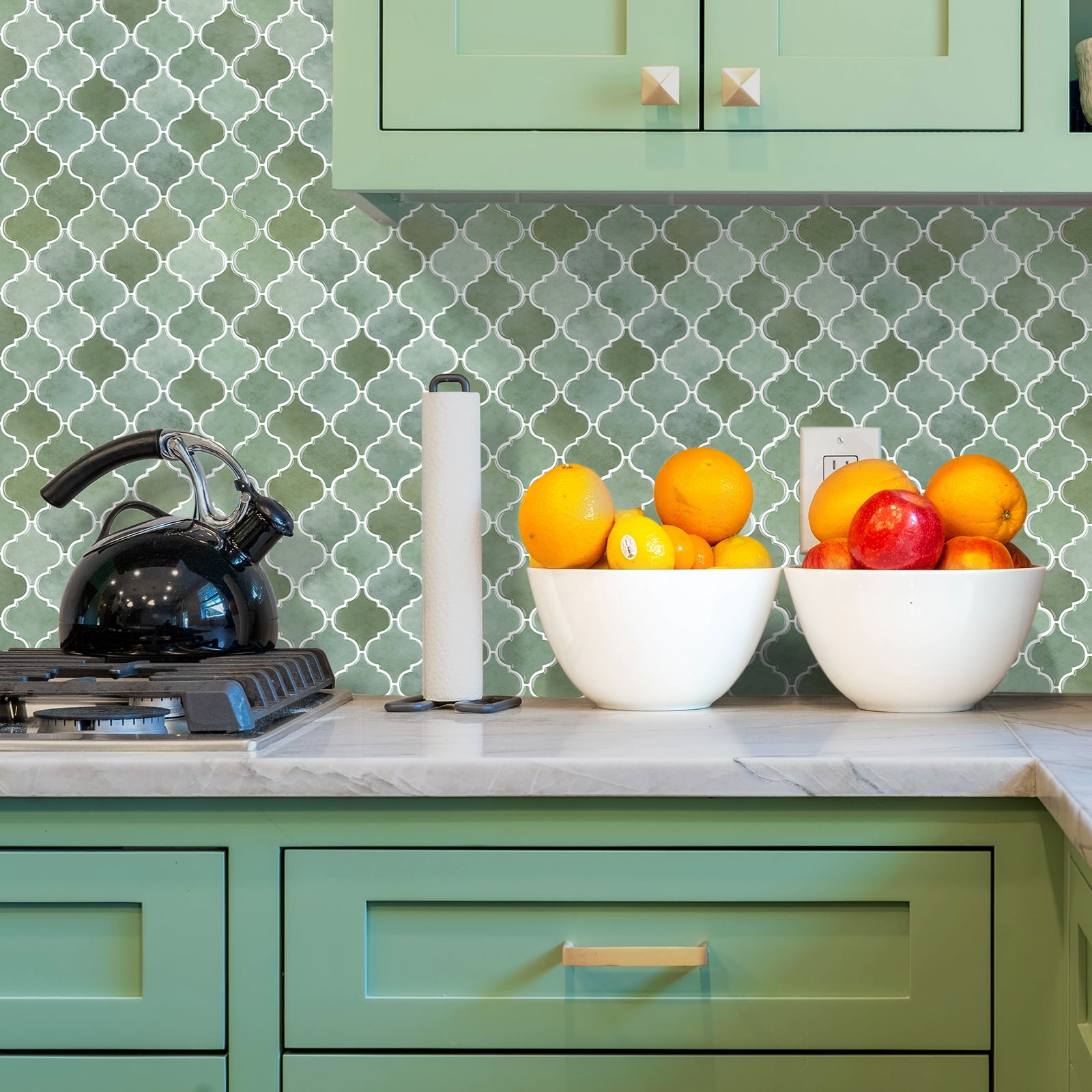 Thicker Upgrade Sage Green Peel and Stick Arabesque Vinyl Tile Backsplash 12 x 12 inch ( set of 10)