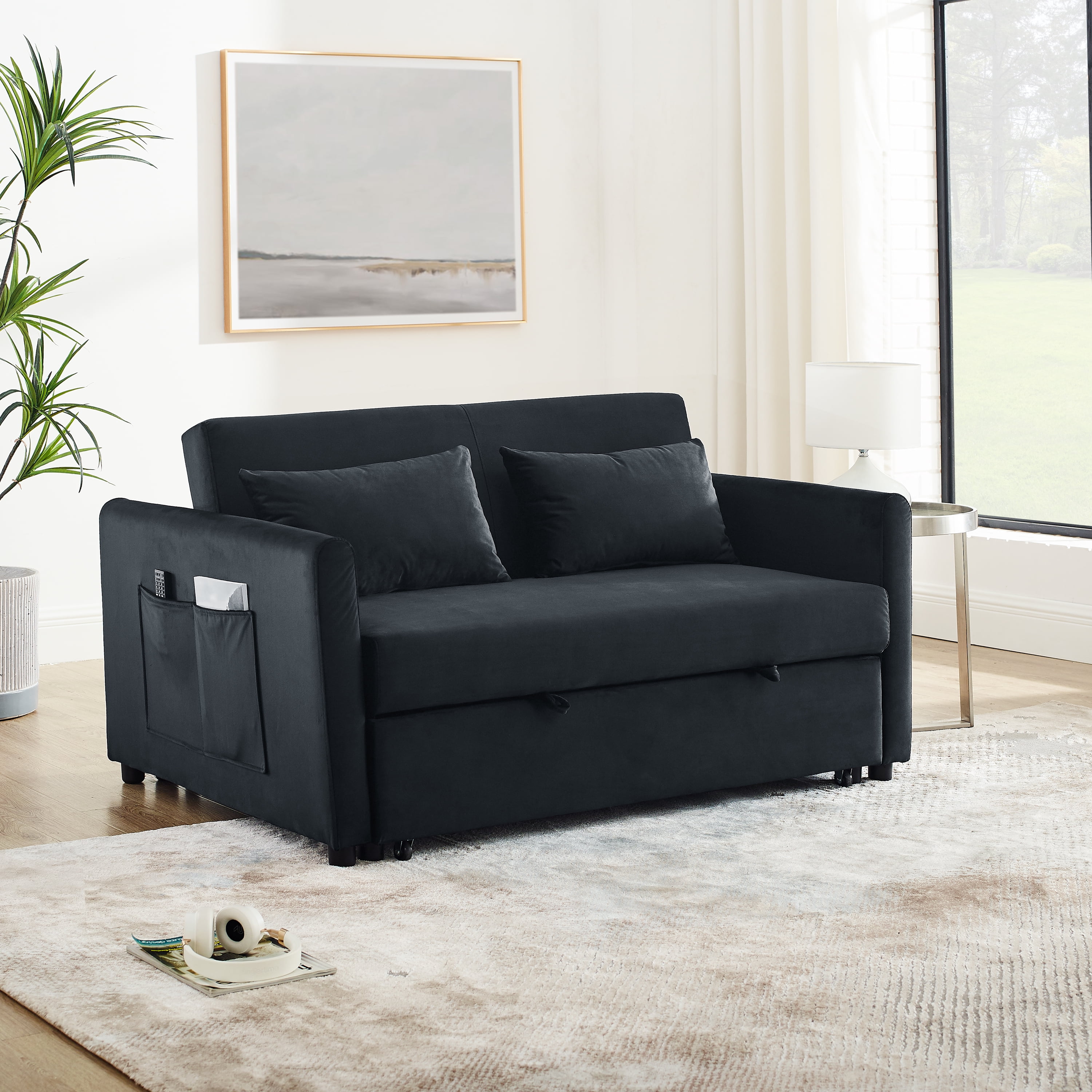 Momspeace Pull Out Sofa Bed Sleeper Sofa Couch Sofa Bed with Adjustable Backrest Velvet Loveseat For Living Room - Black