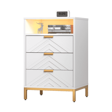 MARNUR LED Nightstand with 3 Drawers, Charging Station, White Modern Night Table High Gloss End Side Table for Bedroom