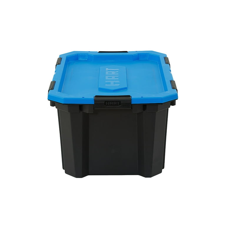 Hart 27 Gallon Heavy Duty Plastic Storage Tote, Black with Blue Lid, Set of  4