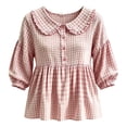 thumbnail image 4 of BODOAO Women's 2026 Gingham Peplum Blouse, 3/4 Puff Sleeve Button Down Shirt, Lightweight Breathable Loose Fit Cute Casual Top for Summer Fall Daily Wear Outfits Pink L, 4 of 4