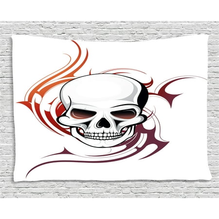 Red Tribal Flame Graphics Tattoo Decor Tapestry, Scary Fierce and Wild Skull with Red Flames Tribal Artistic Tattoo Image, Wall Hanging for Bedroom Living Room Dorm Decor, 60W X 40L Inches, Red and White, by Ambesonne ()