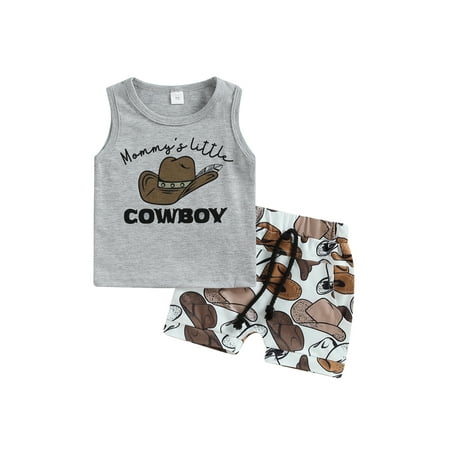 

jaweiwi Baby Boys Western Shorts Clothes Set 0 6M 12M 18M 24M 2T 3T Cowboy Hat/Bull Print Tank Top with Elastic Waist Shorts Summer Outfit
