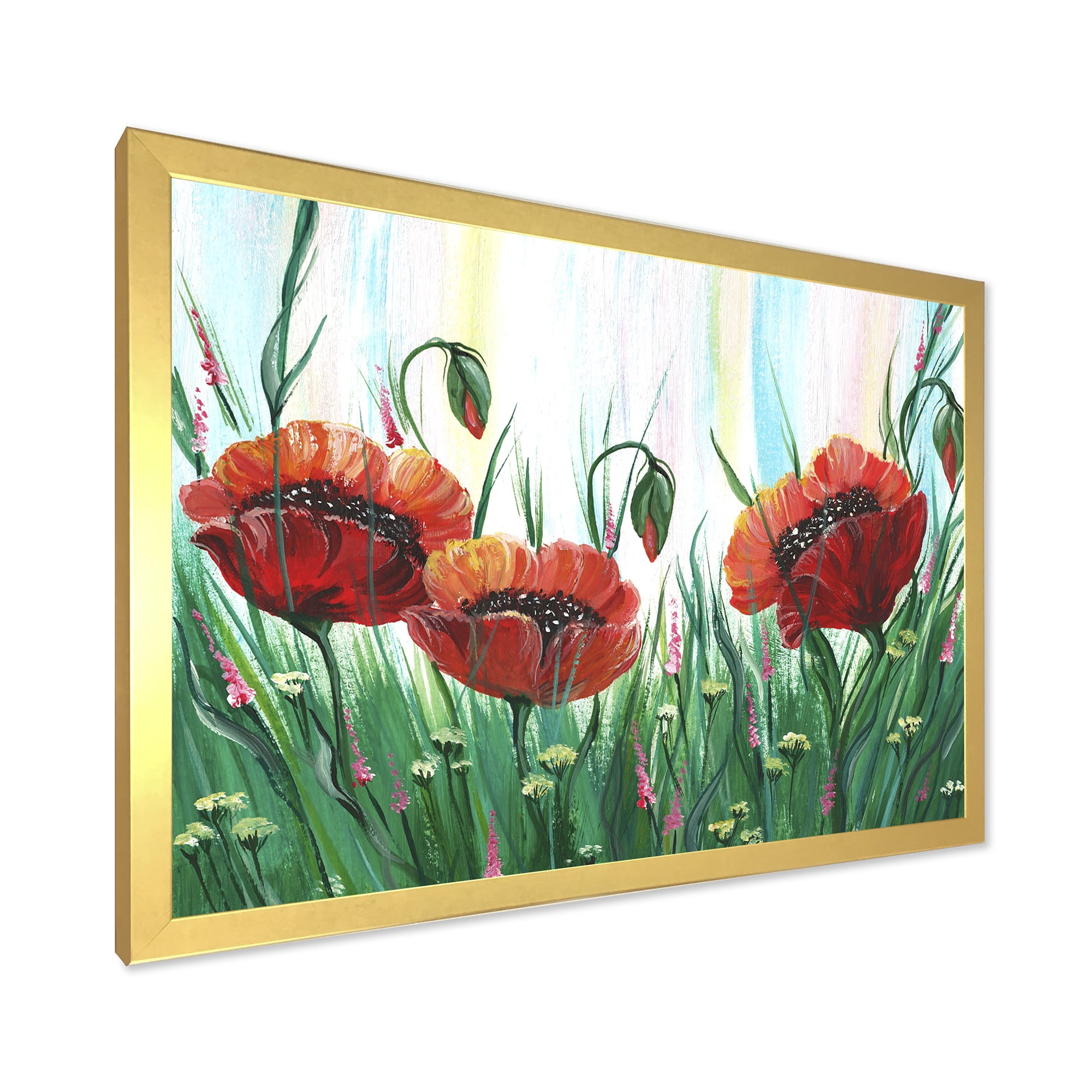 Designart 'Three Red Bright Poppy Flowers On A Green Meadow' Traditional Framed Art Print