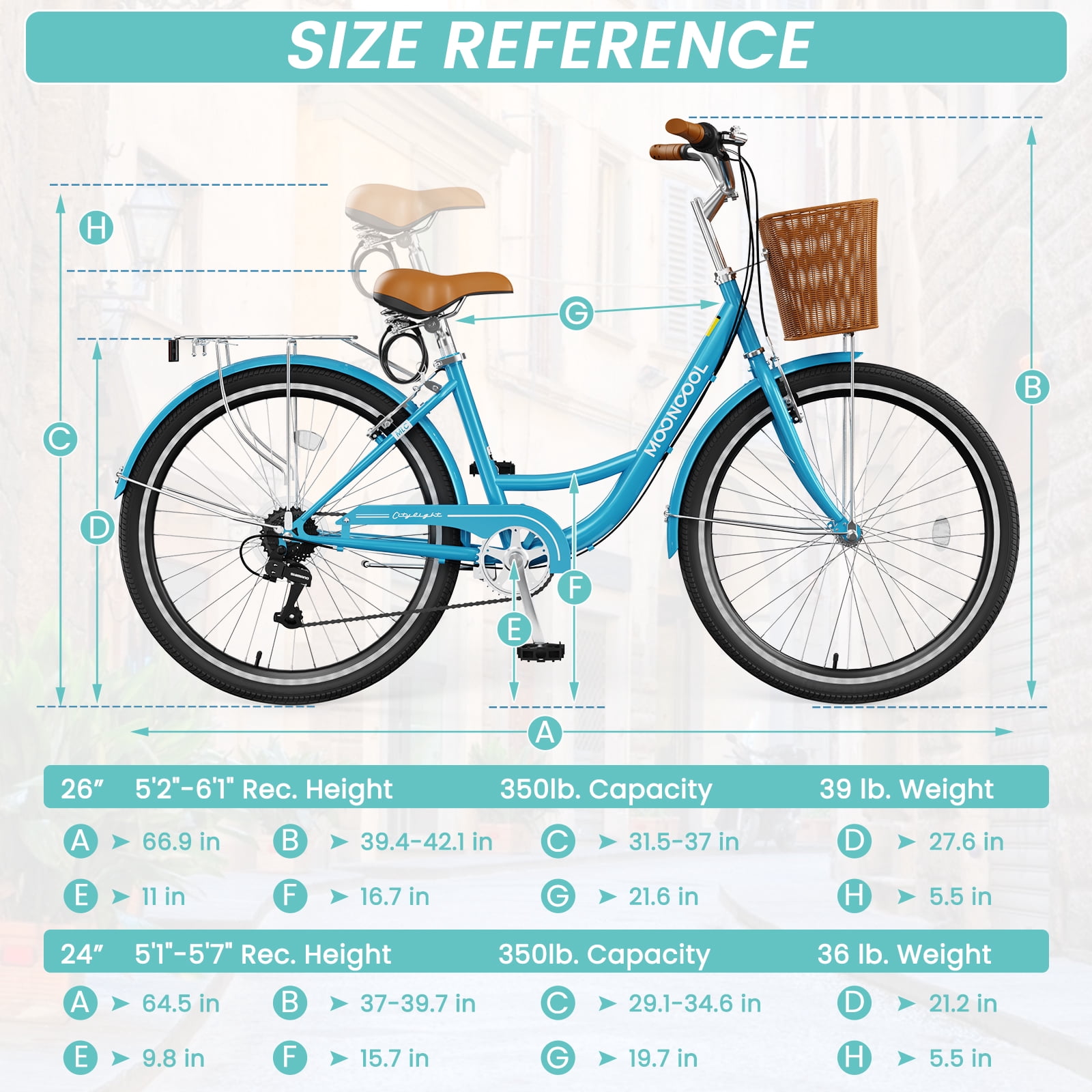 MOONCOOL 24/26 Inch Cruiser Bike for Women, 7 Speed Step-Through Bicycle with Basket, Rear Rack & Lock, Retro City Bike for Adults