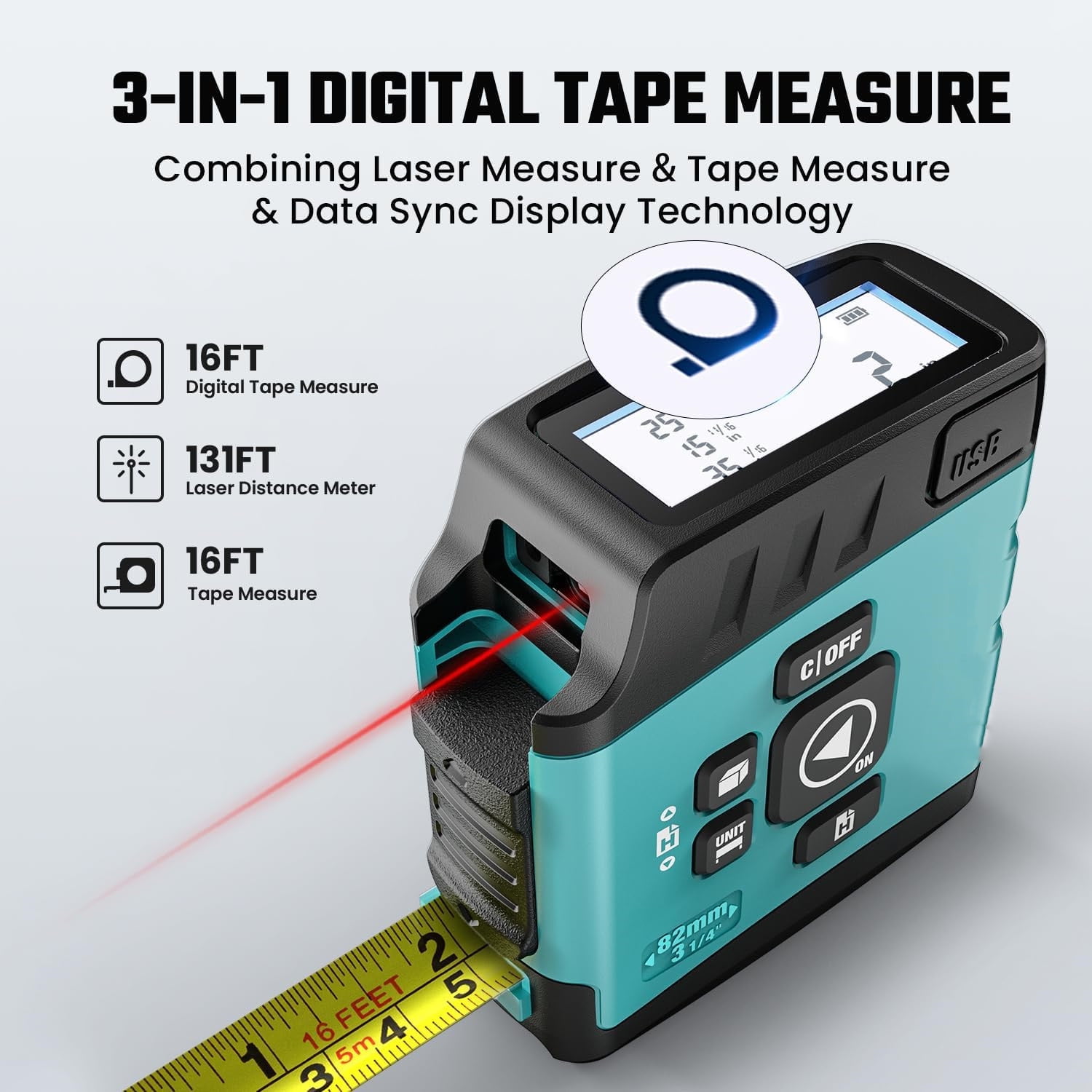 DT20 Digital Laser Tape Measure,130FT Laser Measuring Tool,16FT Easy Read Digital Measuring Tape Retractable with Fractions,Rechargeable Measurement Tool for Distance/Area