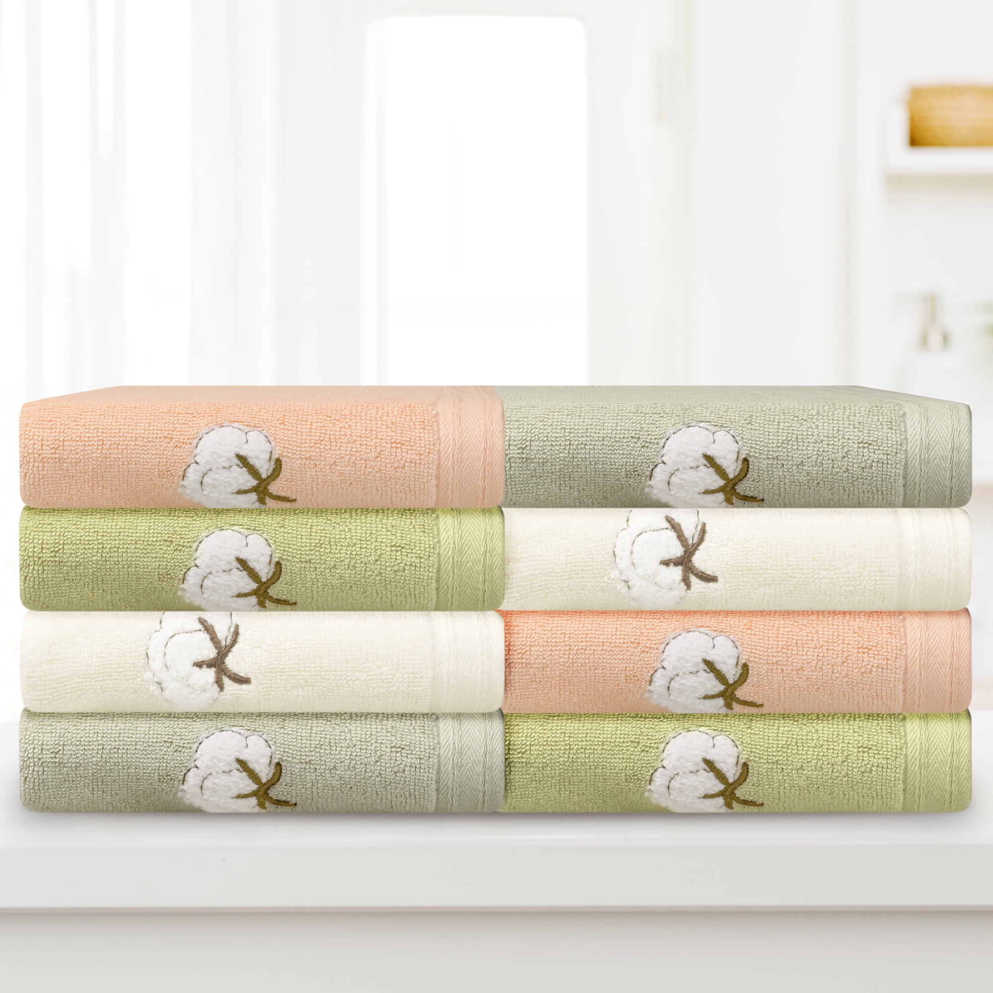 Unique Bargains Geometric Washcloths Set Cotton Bath Towels Low Lint Green