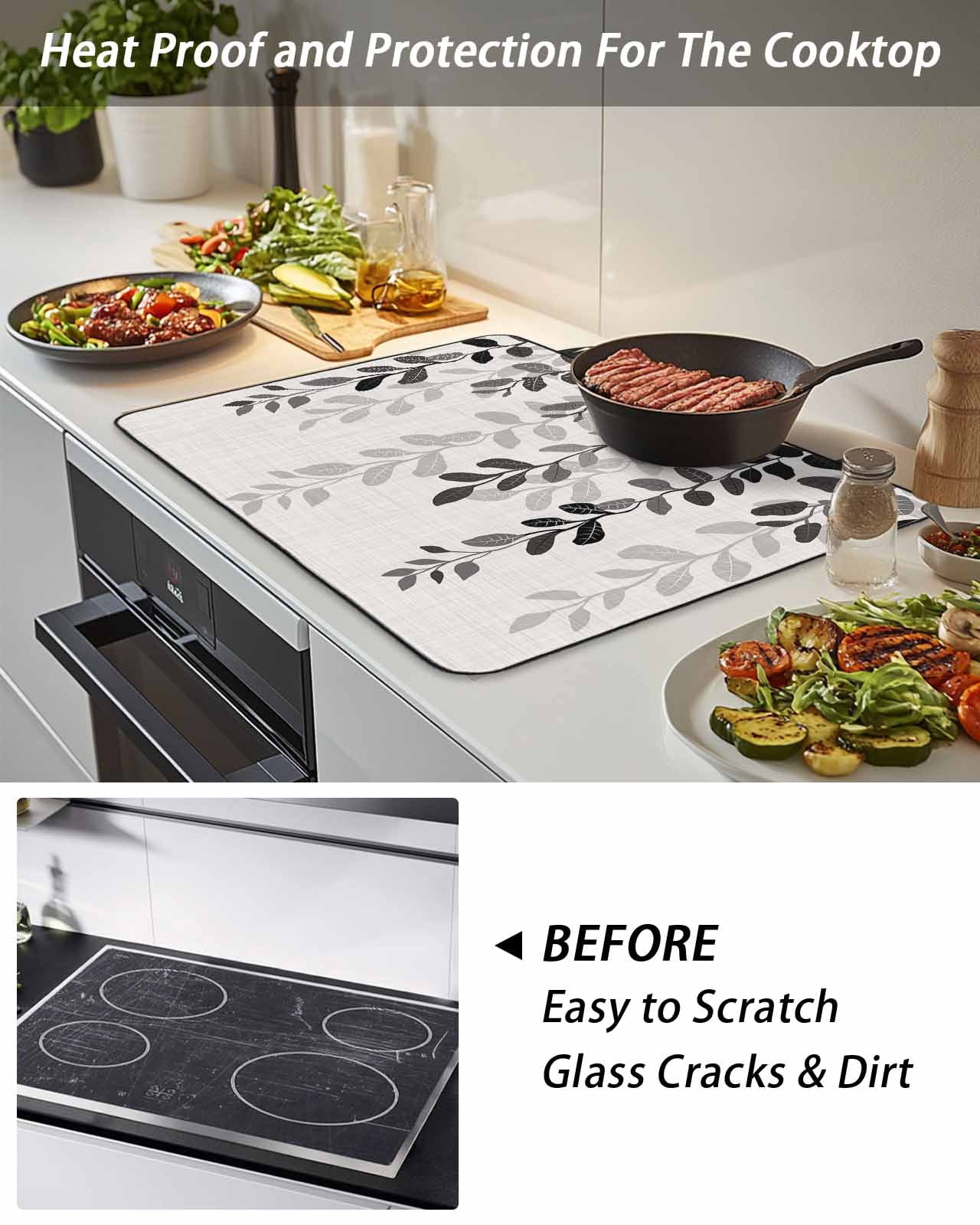 Stove Top Covers for Electric Stove, Grey Ombre Botanical Glass Stovetop Cover Protector, Watercolor Gray Pastoral Leaf Rustic Induction Cooktop Protector Oven Mat for Kitchen Countertop 31"x24"