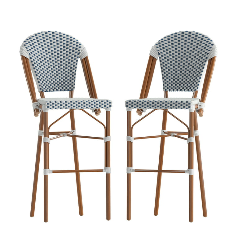 Emma + Oliver Bistro and Seat Navy Finished High with Patterned Set Two Indoor/Outdoor Metal Stool and Frame of Bar White Stacking French Bamboo Back 30\