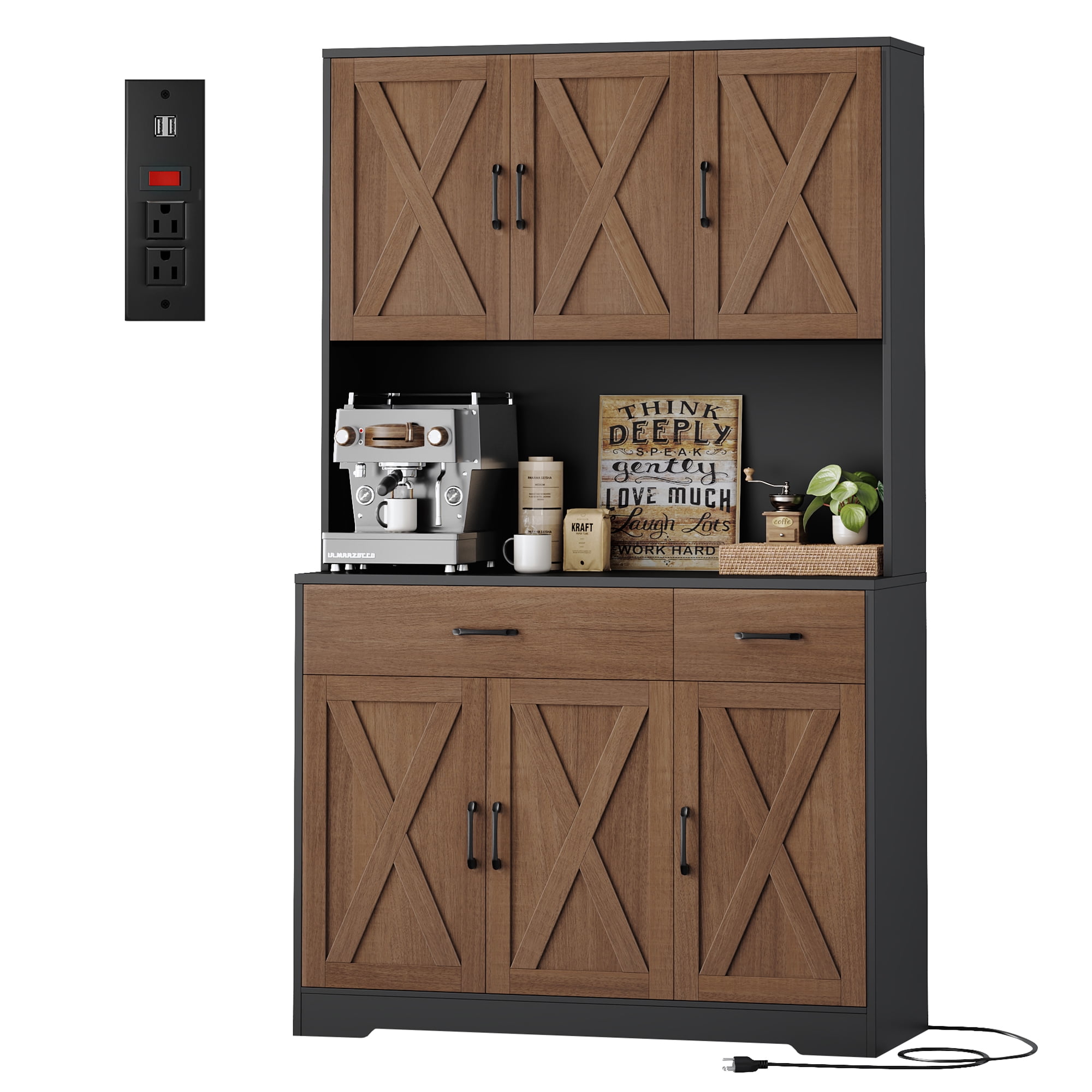 Homfa 71" Kitchen Pantry with Charging Station, Freestanding Cupboard with Adjustable Shelves, Floor Cabinet for Dining Room, Black&Brown
