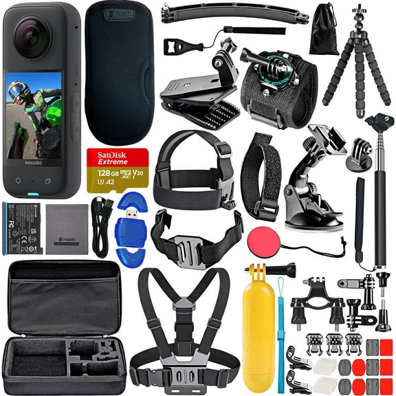 insta360 X3 - Waterproof 360 Action Camera | 48MP Sensors | 5.7K HDR Video | 72MP 360 Photo Bundle with SanDisk Extreme 128GB Memory, High Speed Card Reader   50 Piece Insta 360 Accessory Kit
