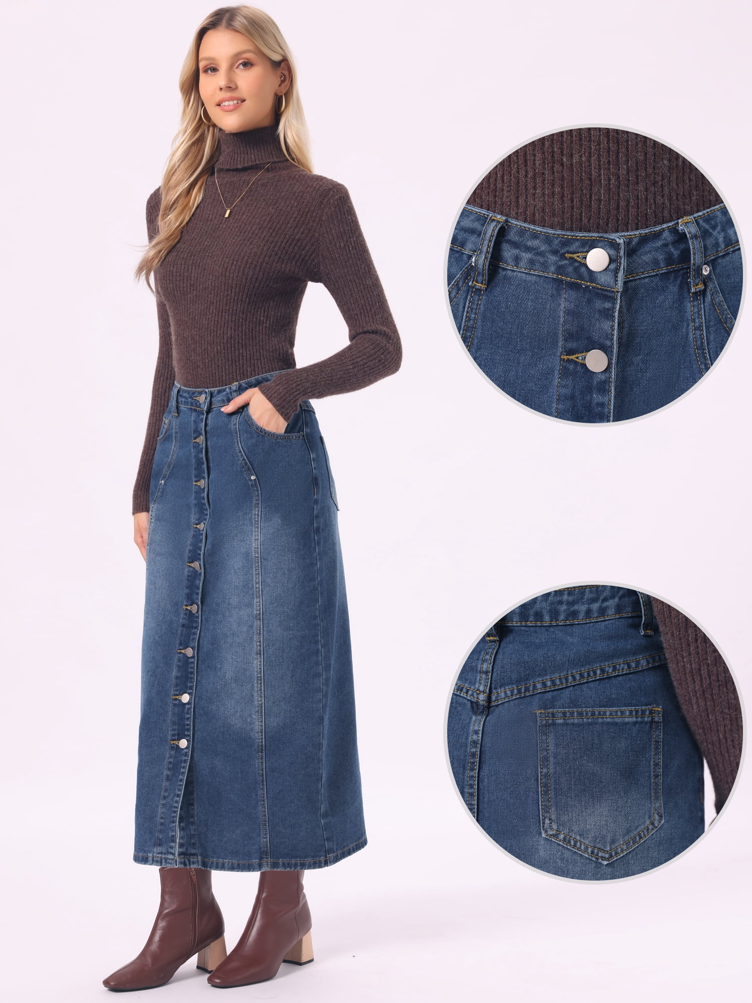 DARING DIVA Women's Denim Skirt Midi Length Button Down Jean Skirts XL Blue