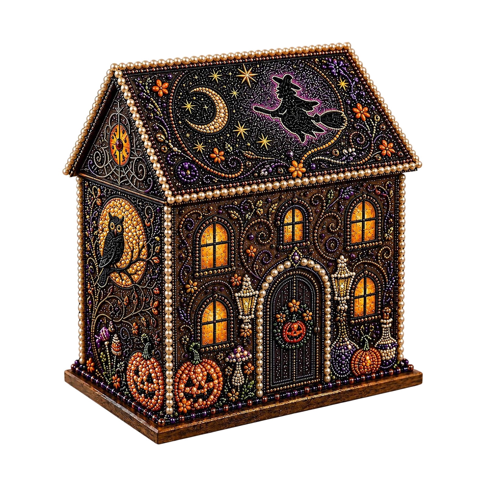 Halloween Themed 3D Wooden House Diamond Art DIY Kit Nice As A Trick Or Treat Party Favor Or Prize Perfect As Halloween Centerpiece And Fireplace Accent Includes 1 Assembled Wooden House Base