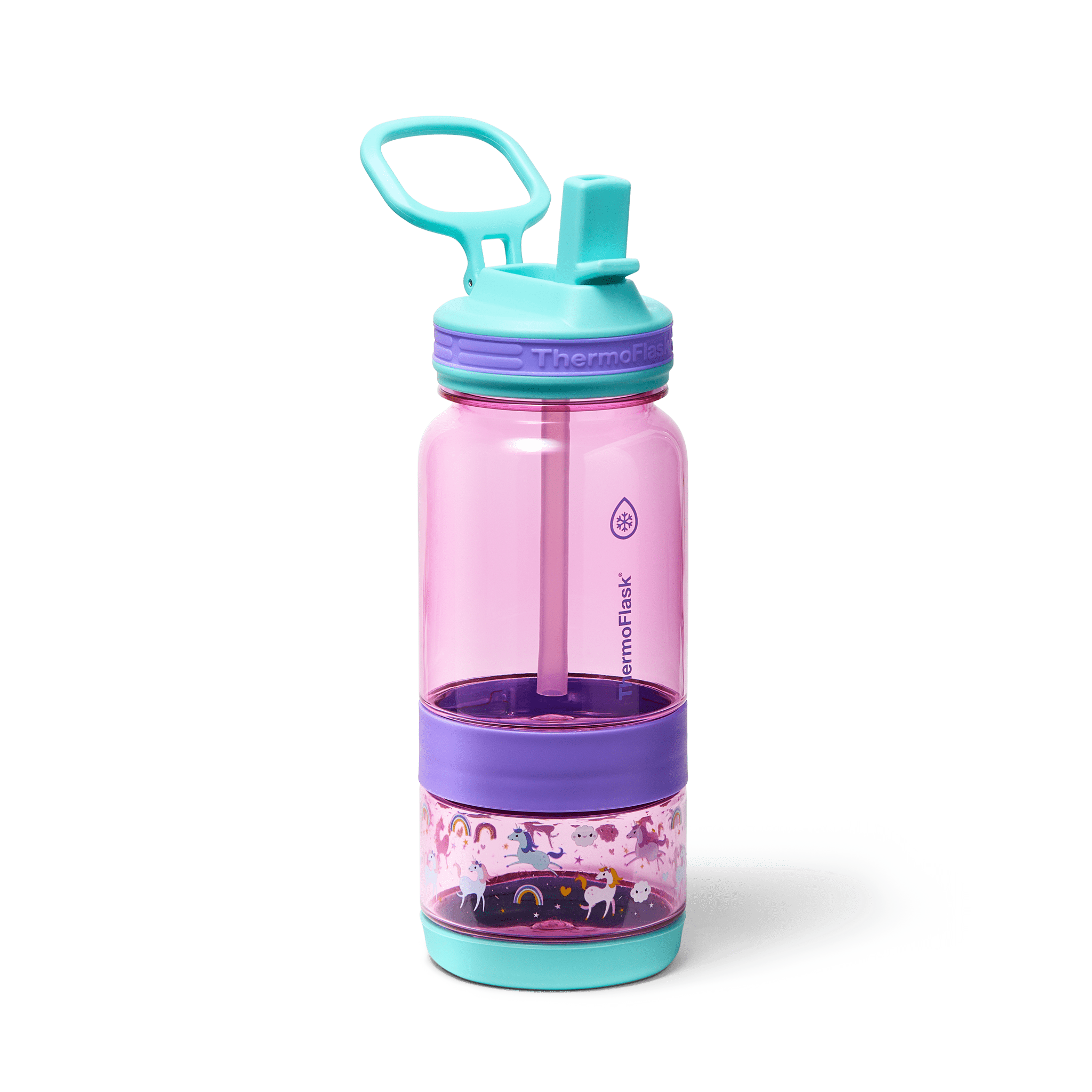 ThermoFlask 14 oz 2-in-1 Snack and Sip Durable Tritan Bottle with Integrated Snack Cup Compartment - Leakproof Folding Straw Lid - Protective Bumper - Unicorns Design