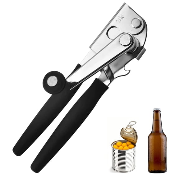 Manual Can Opener, Heavy Duty Stainless Steel Handheld Can Opener with Large Turning Knob, Smooth Edge Kitchen Can Opener with Non-Slip Handle and Built-in Bottle Opener