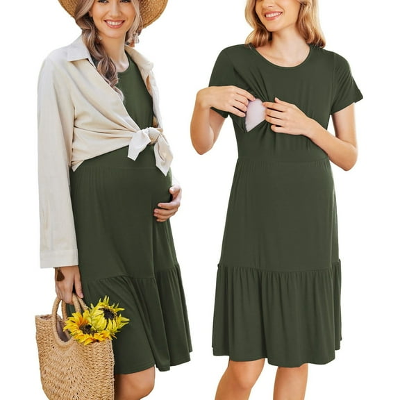 Maternity Nursing Dress in OD Green - Short Sleeves, Double Side Openings, Perfect for Breastfeeding and Sleepwear, Size L