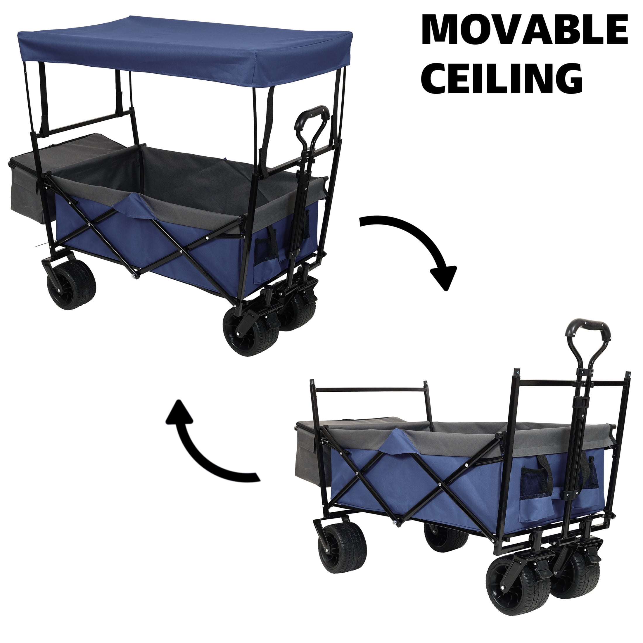 GDF Studio Collapsible Wagon Stroller with Removable Canopy and Mosquito Net, 7" All-Terrain Wheels, Dark Blue