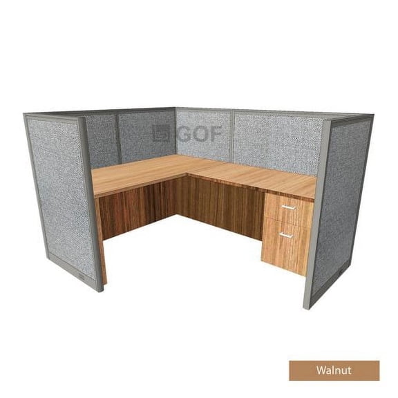 GOF 1 Person Workstation Cubicle (5’D x 6’W x 4’H, Walnut) Office Partition with Desk & Pedestal Set