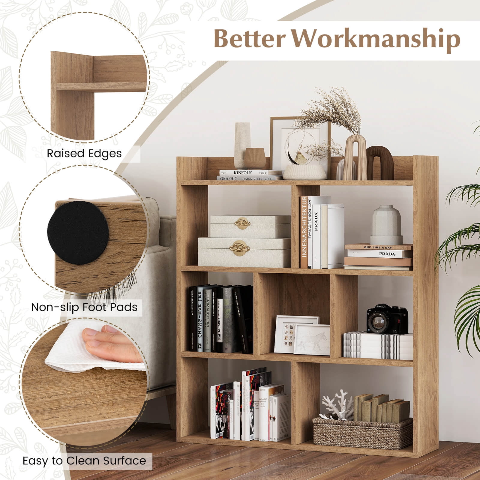 Costway 1 PCS 7-cube Bookcase 3-tier Open Storage Shelf with Anti-tipping Kits for Living Room Natural