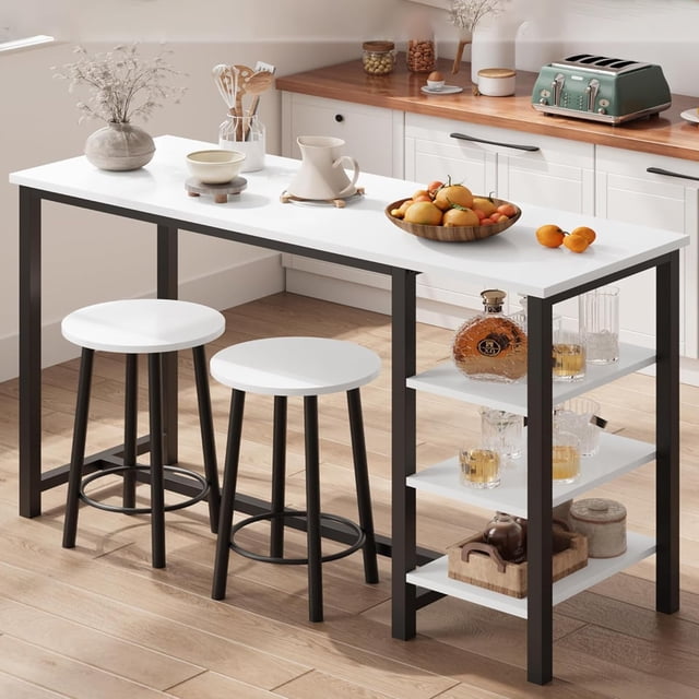 Counter Height Bar Table Set with Storage Shelves, 3-Piece Compact Space Saving Dining Set for Small Apartment, Kitchen Nook, or Office
