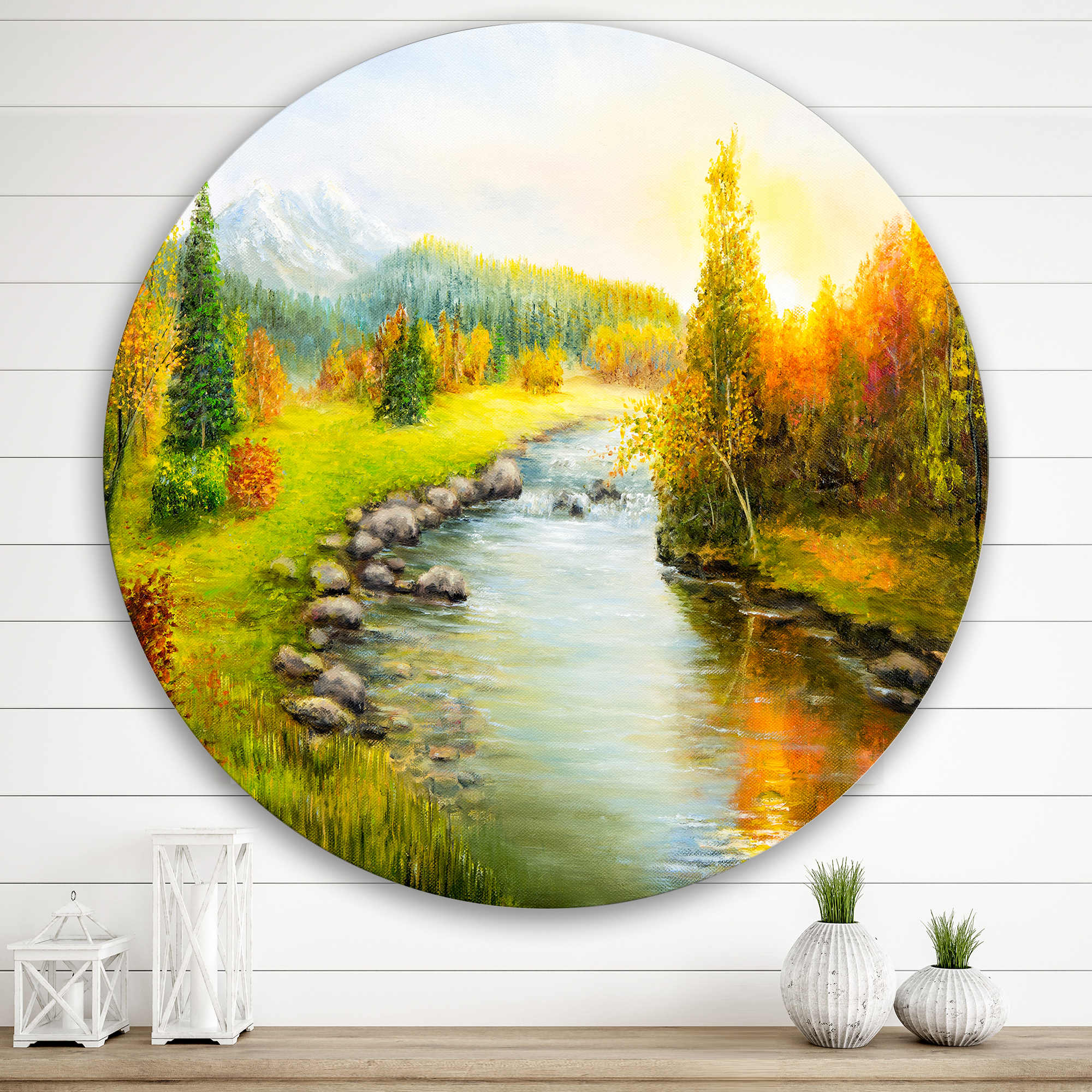 Designart 'Autumn Landscape With Forest River and Mountains' Lake House Circle Metal Wall Art 29x29 - Disc of 29