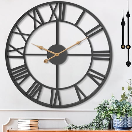 16 Inch Large Wall Clock Modern Decorative Black Metal Silent Battery Operated Big Roman Numeral For Living Room Bedroom Kitchen Office Farmhouse Housewarming Gift