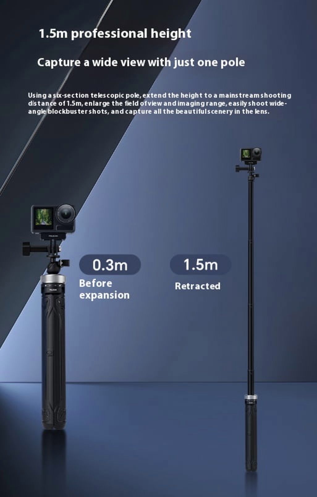 360° Rotatable Action Camera Tripod - Bigcan Telescopic Selfie Stick with 1.5m Extension and Foldable Base for GoPro, Phones, 1/4" Mounts, Travel Vlogging
