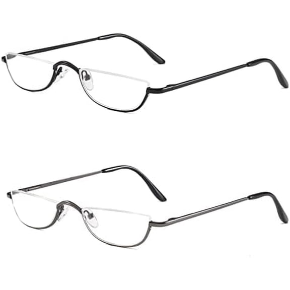 Half Reading Glasses - 2 Pairs Half Rim Metal Frame Glasses Spring Hinge Readers for Men and Women, Black Gunmetal 1.00