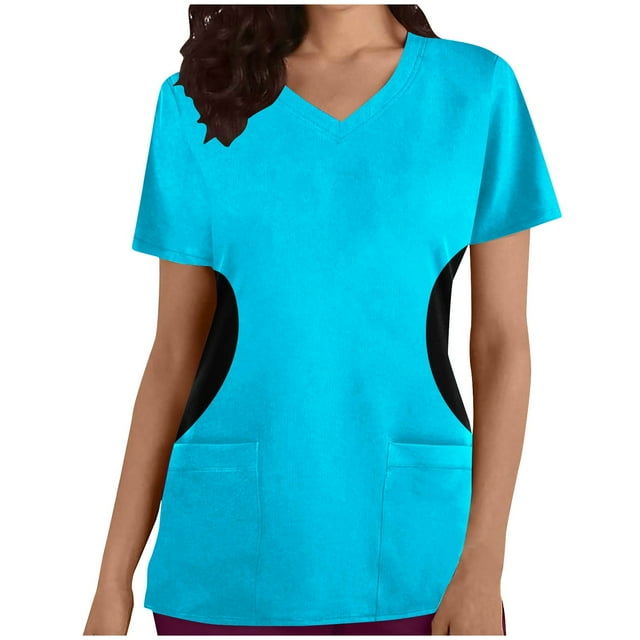 Blouses Médicales à Col en V pour Femmes, Extensibles et Douces, Résistantes aux Plis, avec 2 Poches, Confortables et Légères, Manches Courtes, Imprimées, Bleu Ciel